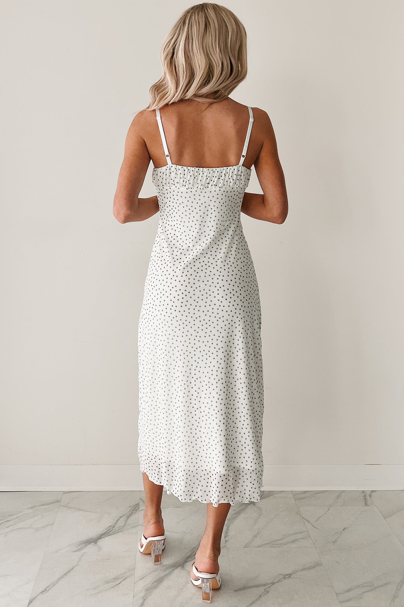 Just One Smile Polka Dot Midi Dress (Ivory/Olive)