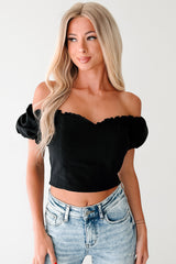 Call Me Cute Puff Sleeve Sweetheart Top (Black)