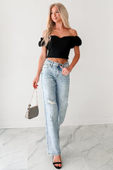 Call Me Cute Puff Sleeve Sweetheart Top (Black)