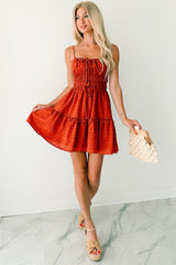 Deeply In Love Striped Ruffle Tier Mini Dress (Brick)