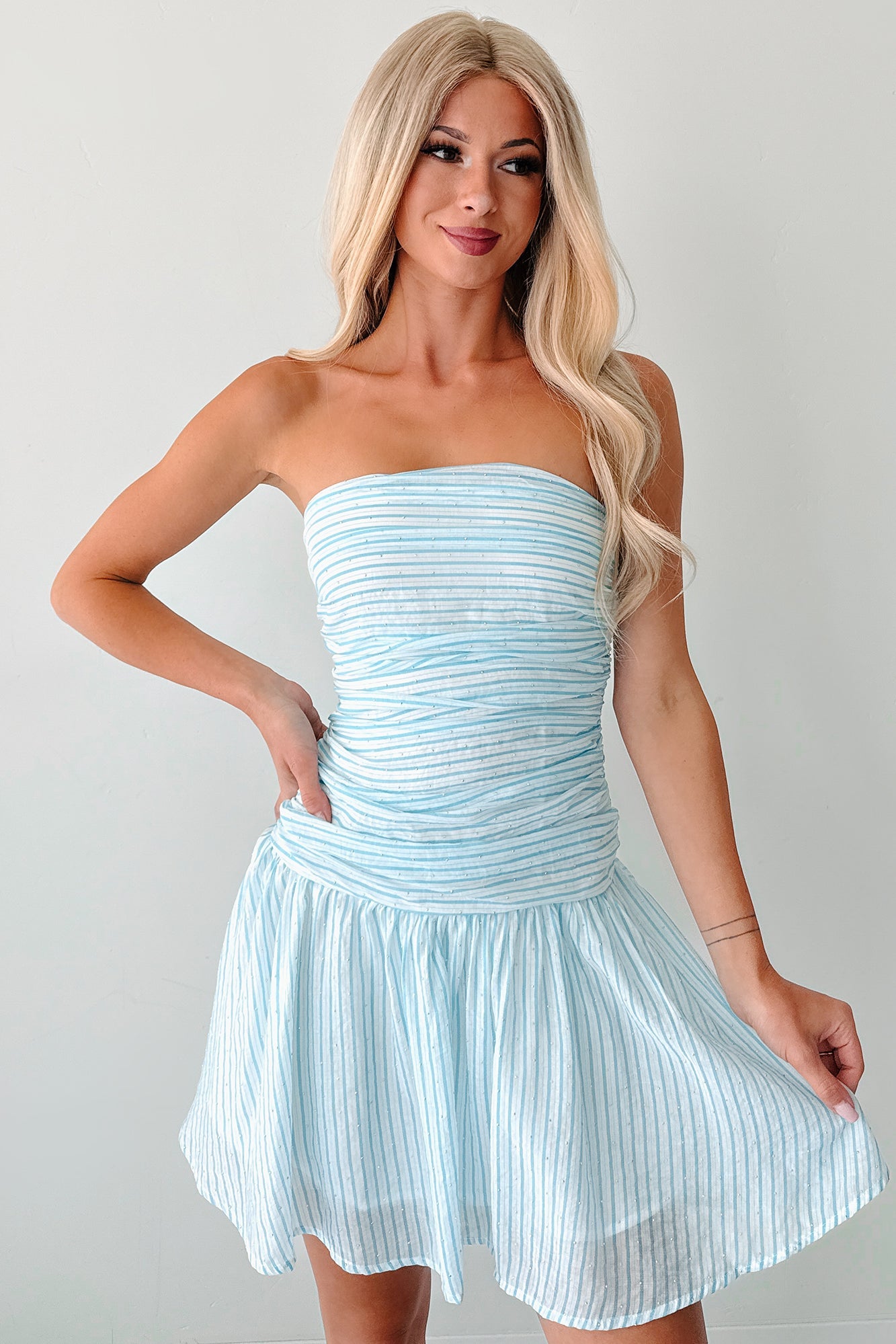 Coastal Cutie Striped Rhinestone Strapless Mini Dress (Sky Blue)
