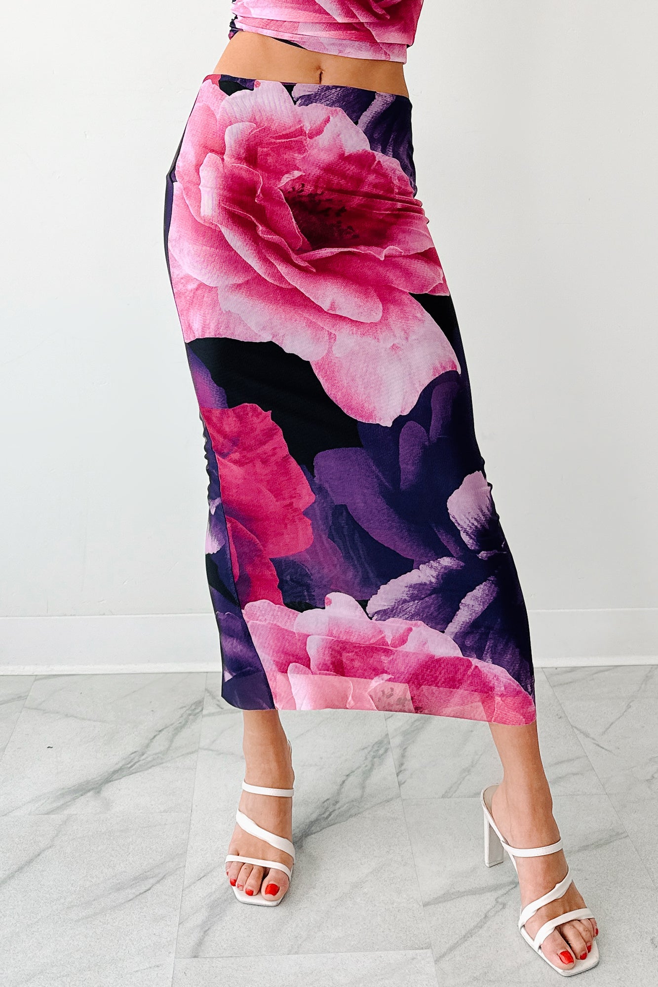 Mood Manifest Floral Mesh Midi Skirt (Pink/Purple)