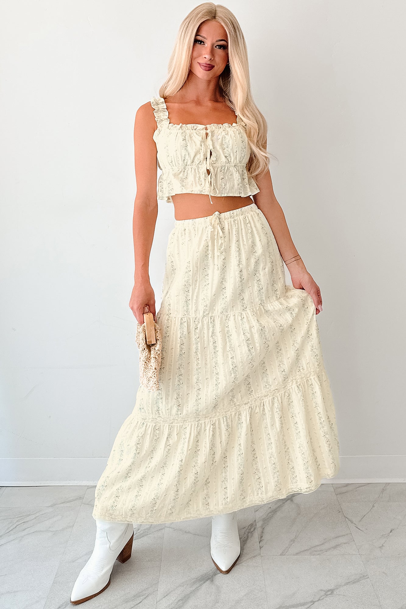 Dewdrop Darling Floral Open Tie Babydoll Top (Ivory)