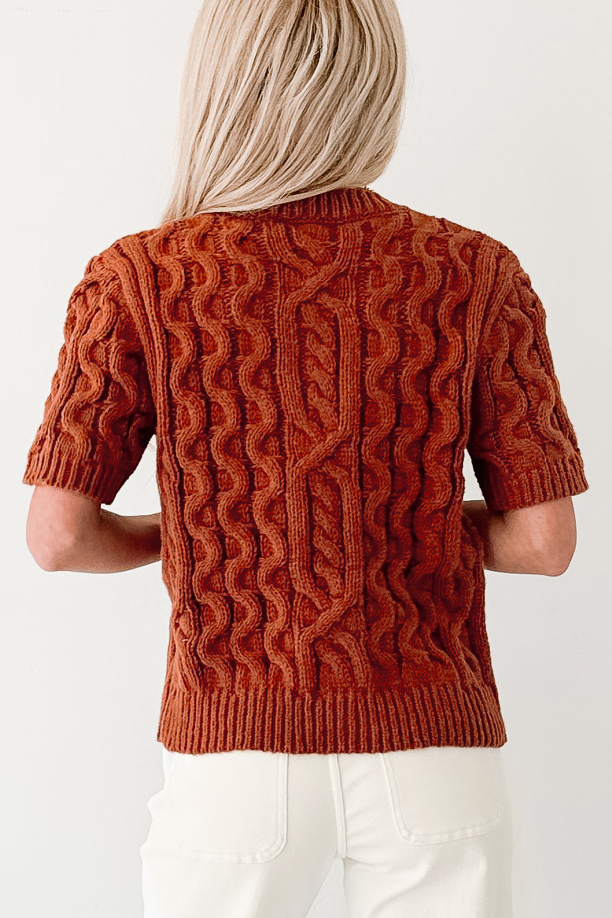 Just Being Modest Short Sleeve Button-Up Sweater (Brick)