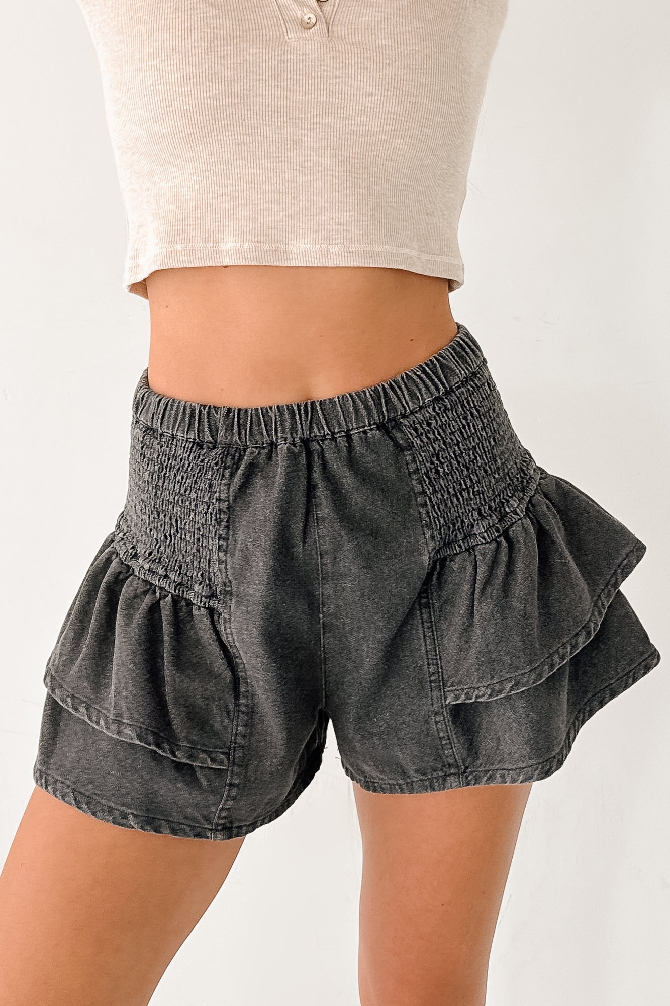 Living Unfiltered Denim Tiered Ruffle Shorts (Charcoal)