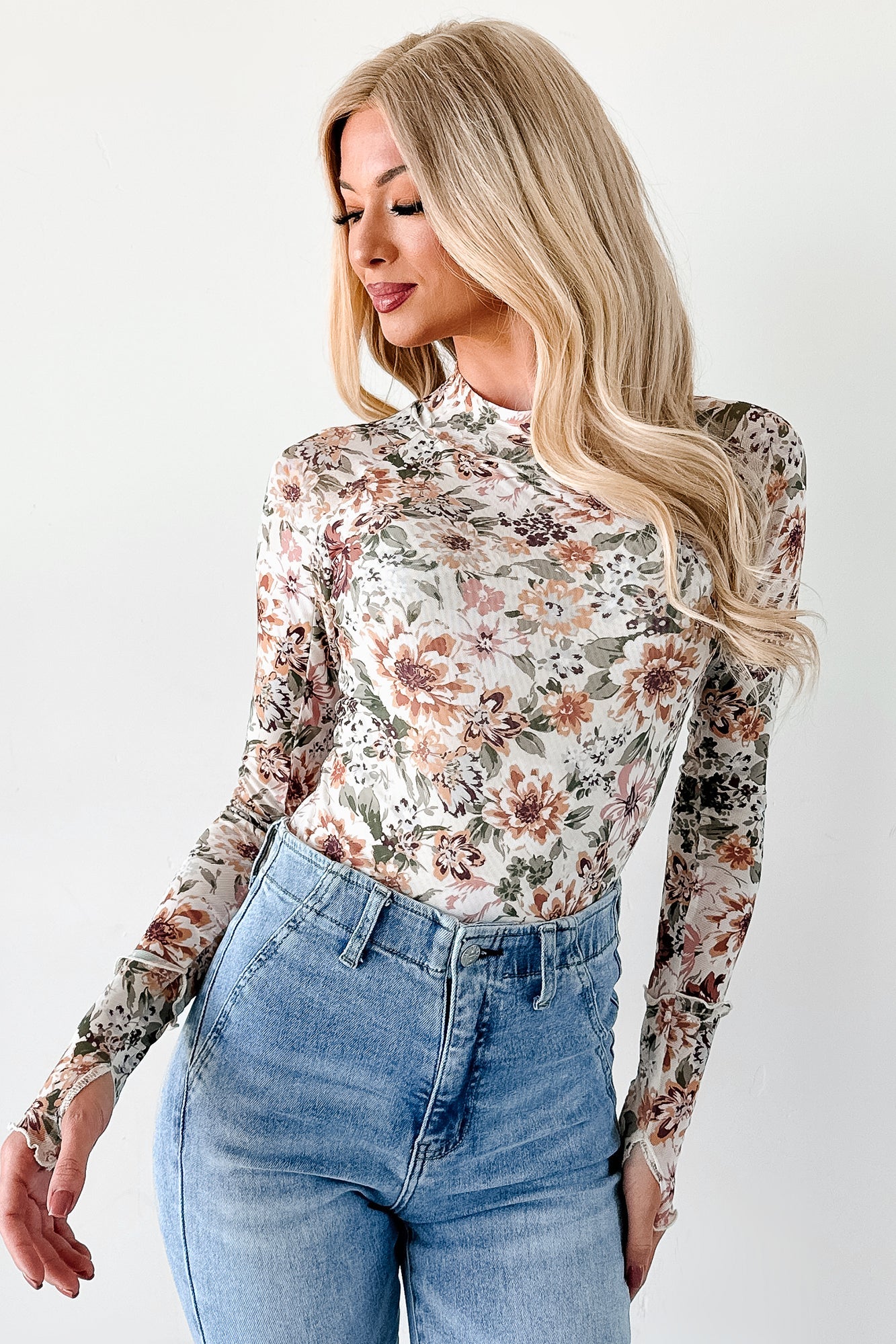 Hold My Hand Floral Mesh Long Sleeve Top (Cream)