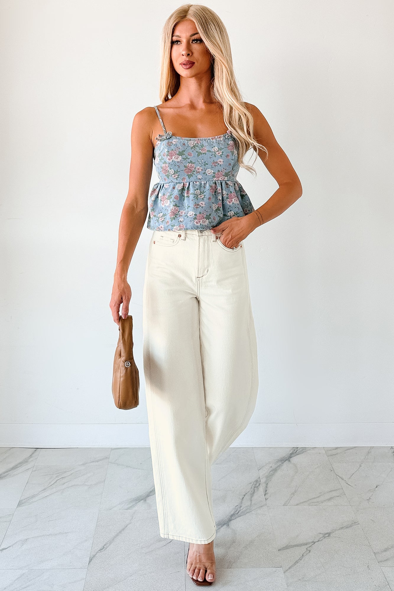 Bows Before Bros Sleeveless Floral Top (Denim/Pink)