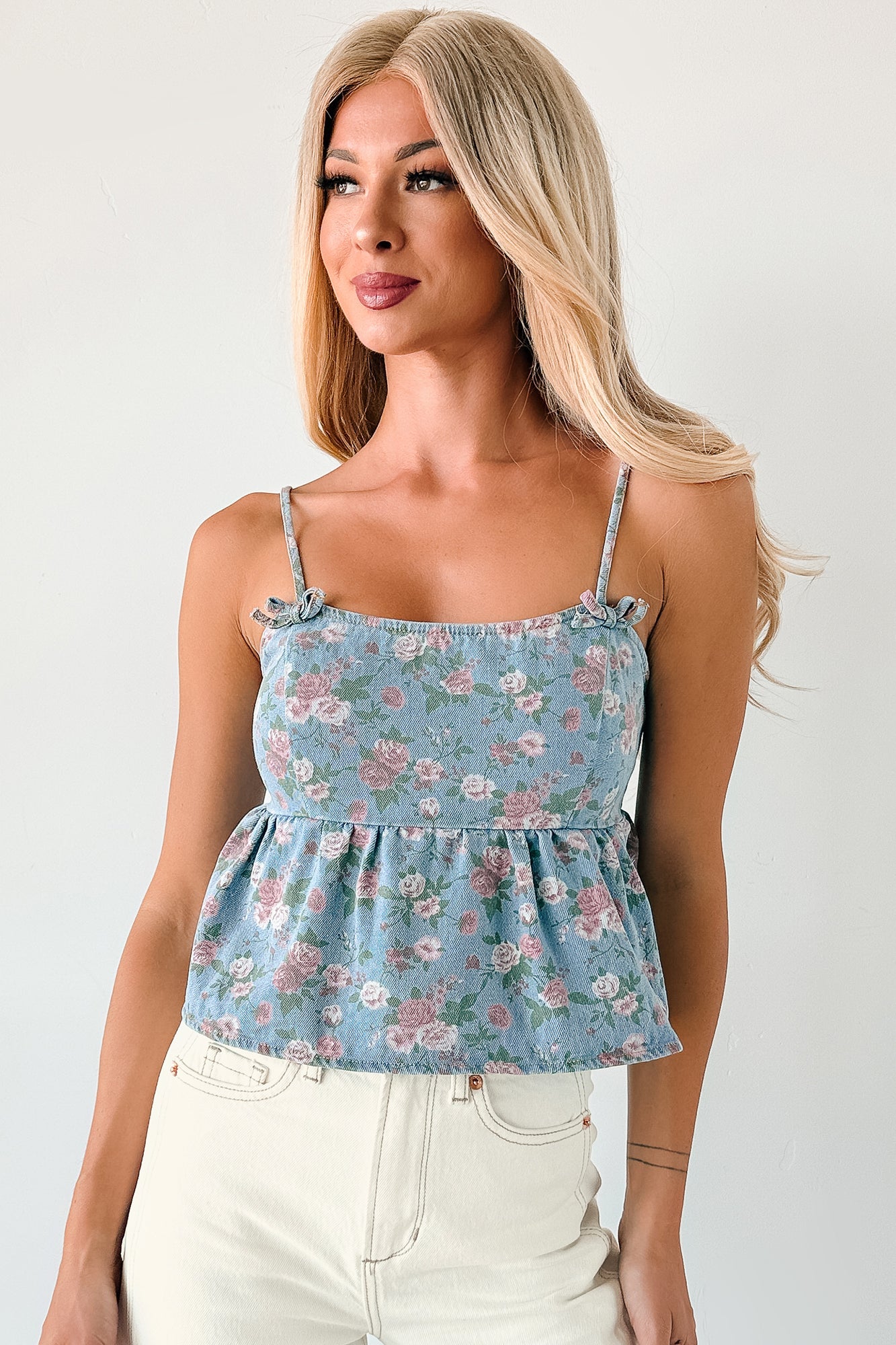 Bows Before Bros Sleeveless Floral Top (Denim/Pink)