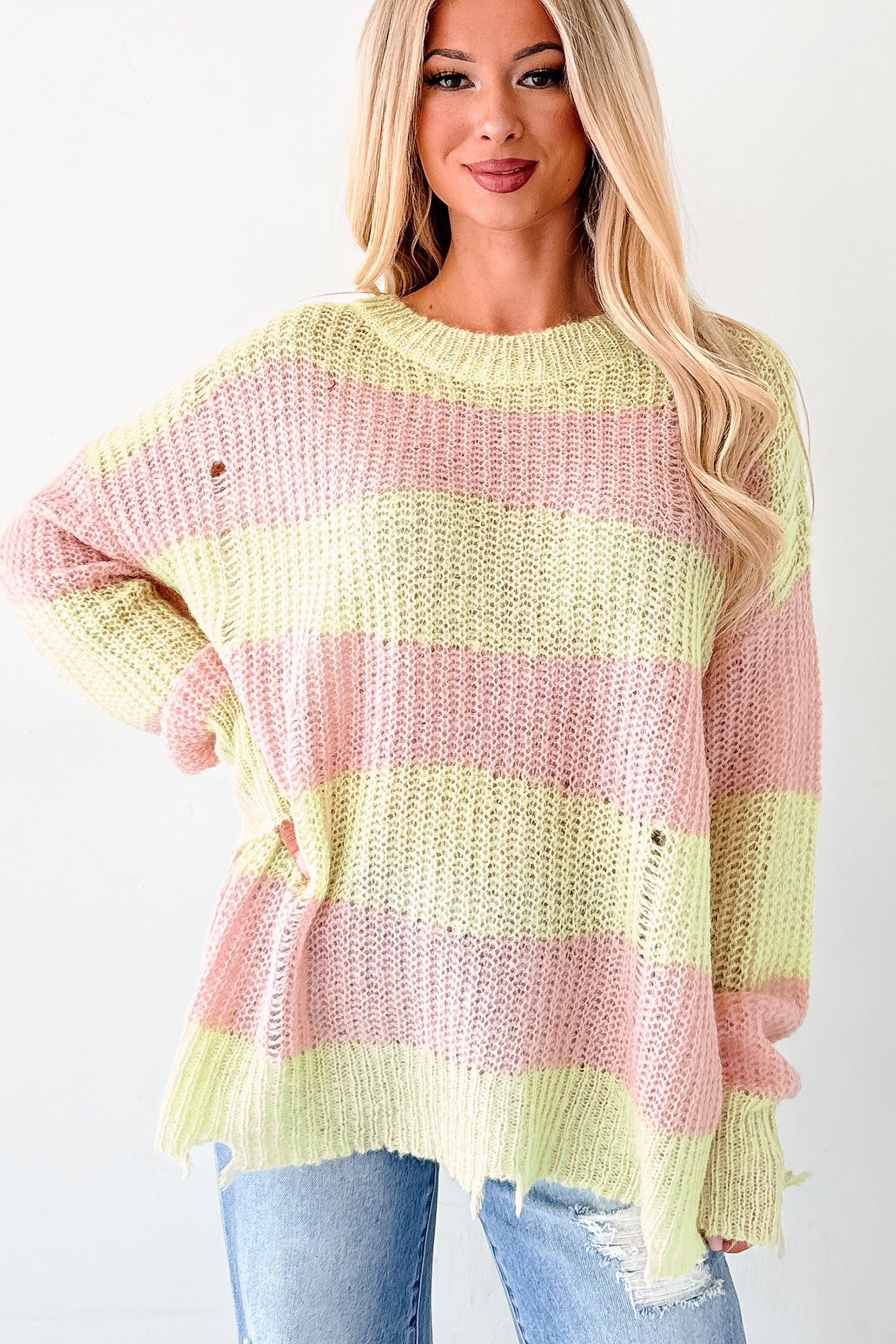 The Soft Life Signature 8 Striped Knit Pullover (Lime/Pink)