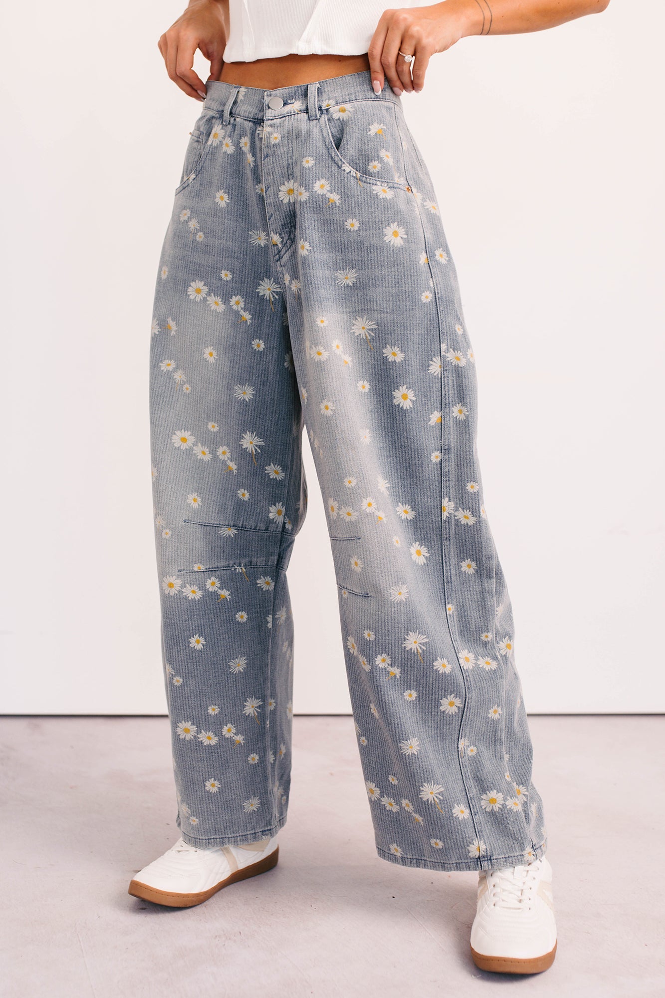 Rae Floral Stripe Wide Leg Barrel Jeans (Denim)