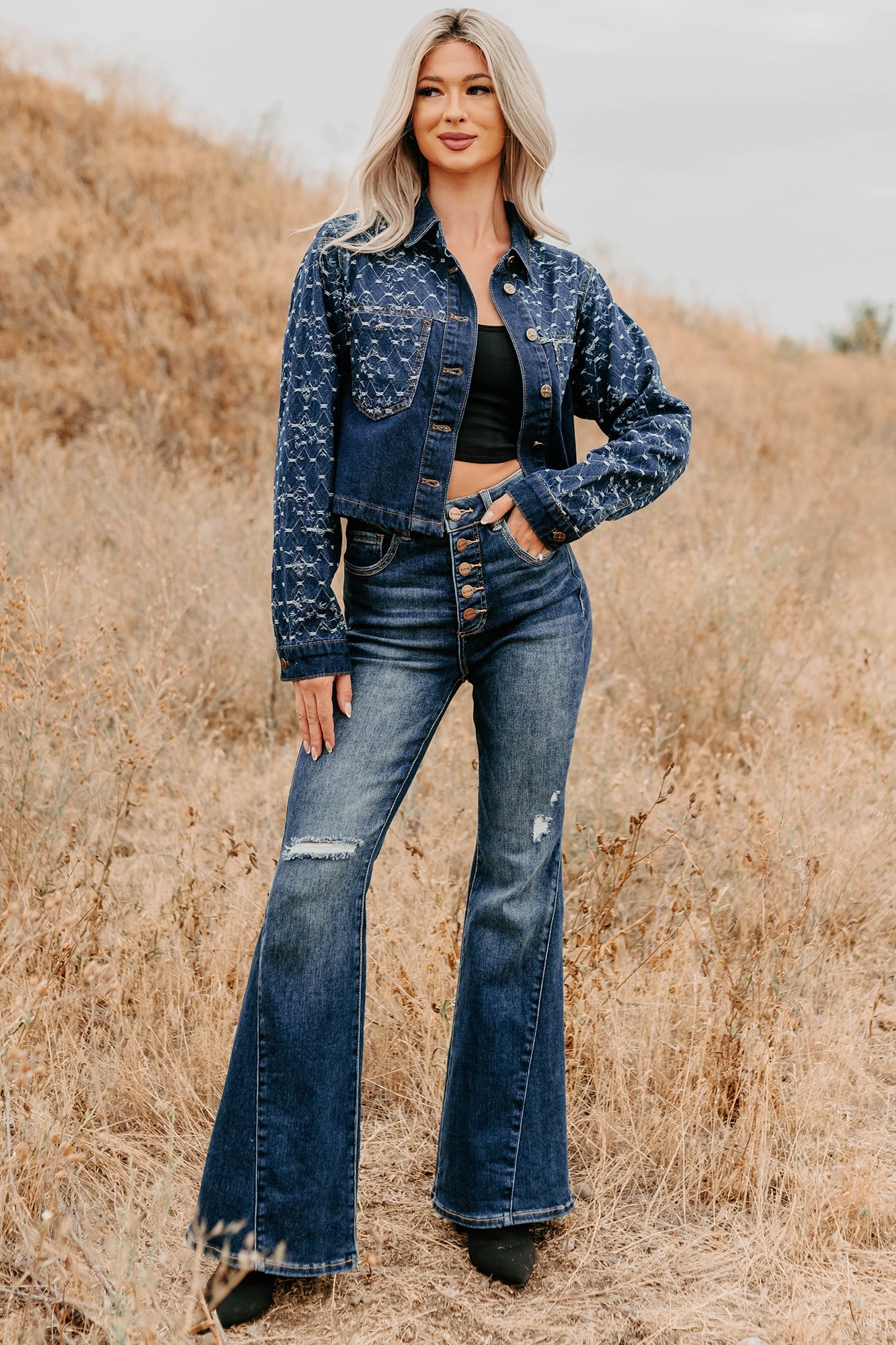Say Less Do More Patterned Denim Jacket (Dark)