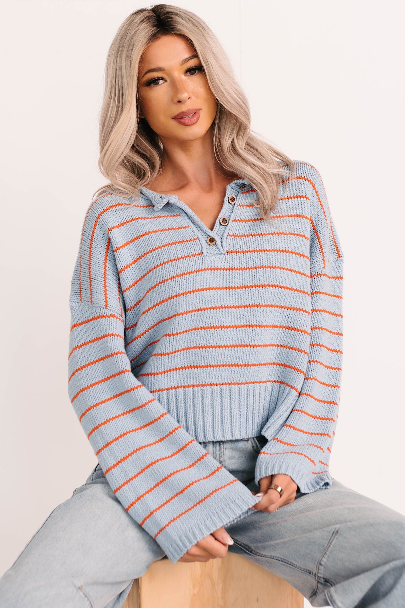 Sunday Comfort Striped Henley Sweater (Blue/Orange)