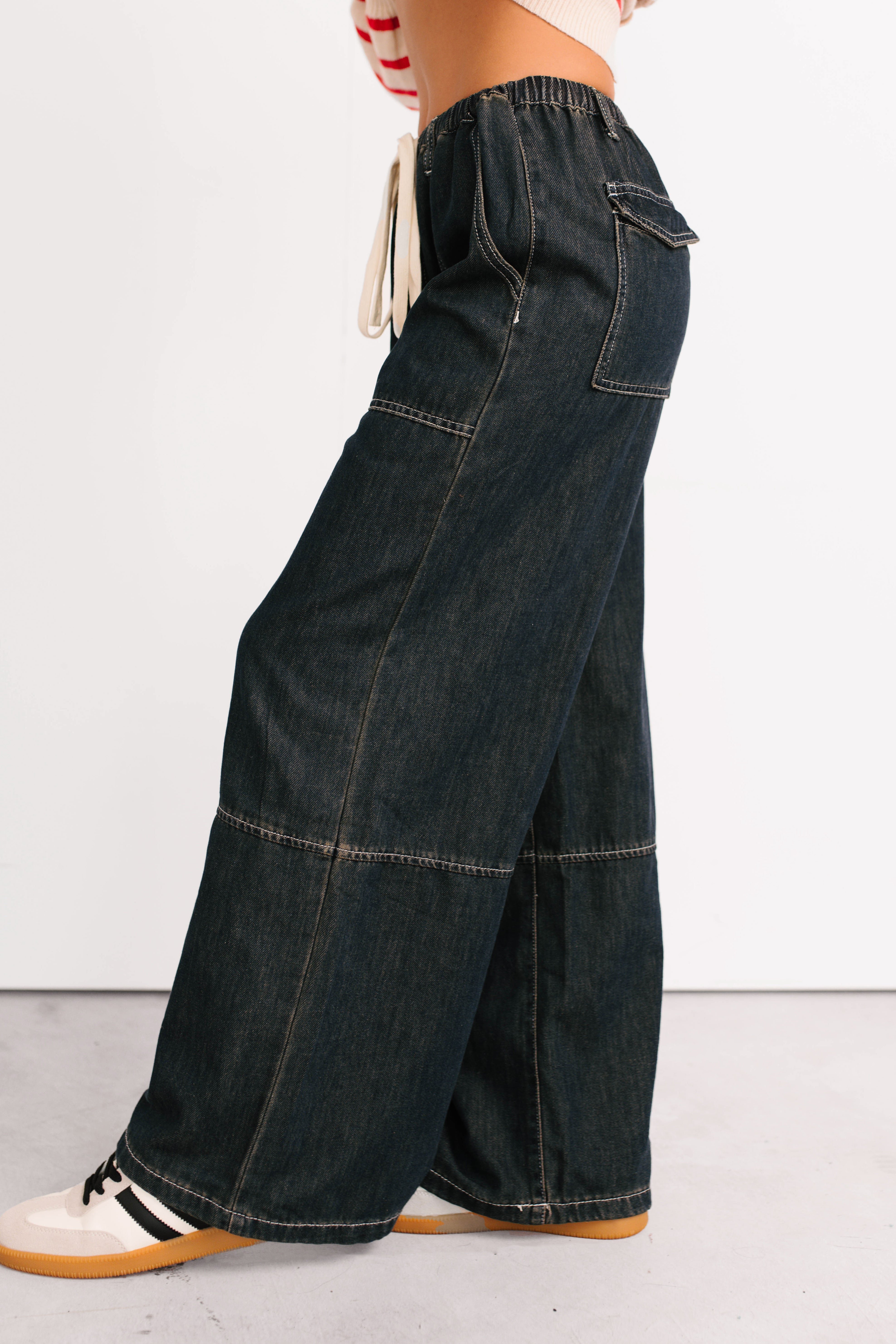 Chill Energy Wide Leg Drawstring Pants (Grey Denim)