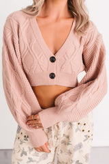 True Escapism Cropped Cable Knit Cardigan (Pink)