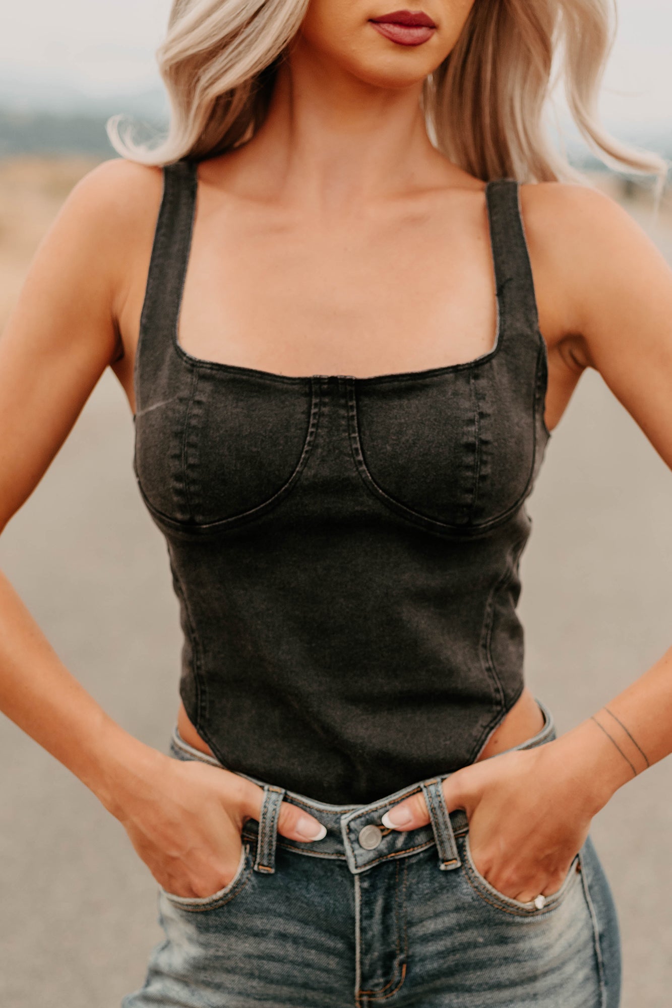 Fueled By Confidence Signature 8 Stretchy Denim Bodysuit (Washed Black)