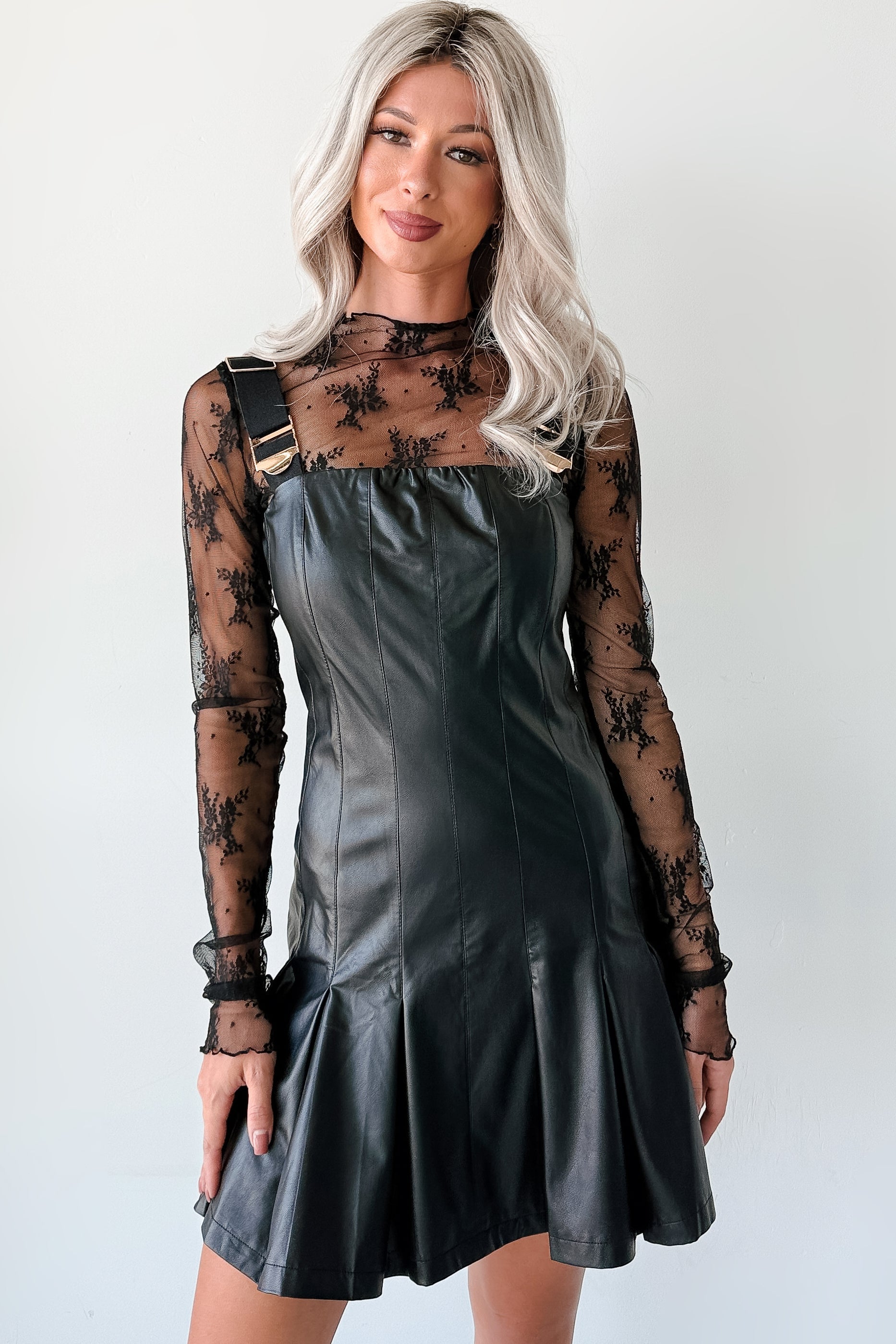 One Of None Pleated Faux Leather Dress (Black)