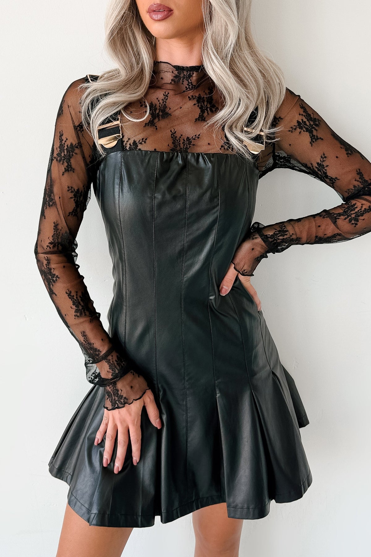 One Of None Pleated Faux Leather Dress (Black)