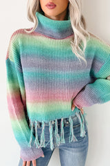 Life In Color Ombre Stripe Tassel Sweater (Sage Rainbow)