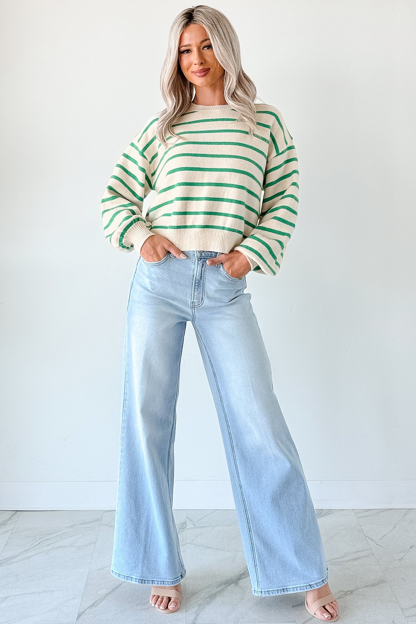 Morning Rituals Striped Button Detail Sweater (Green)