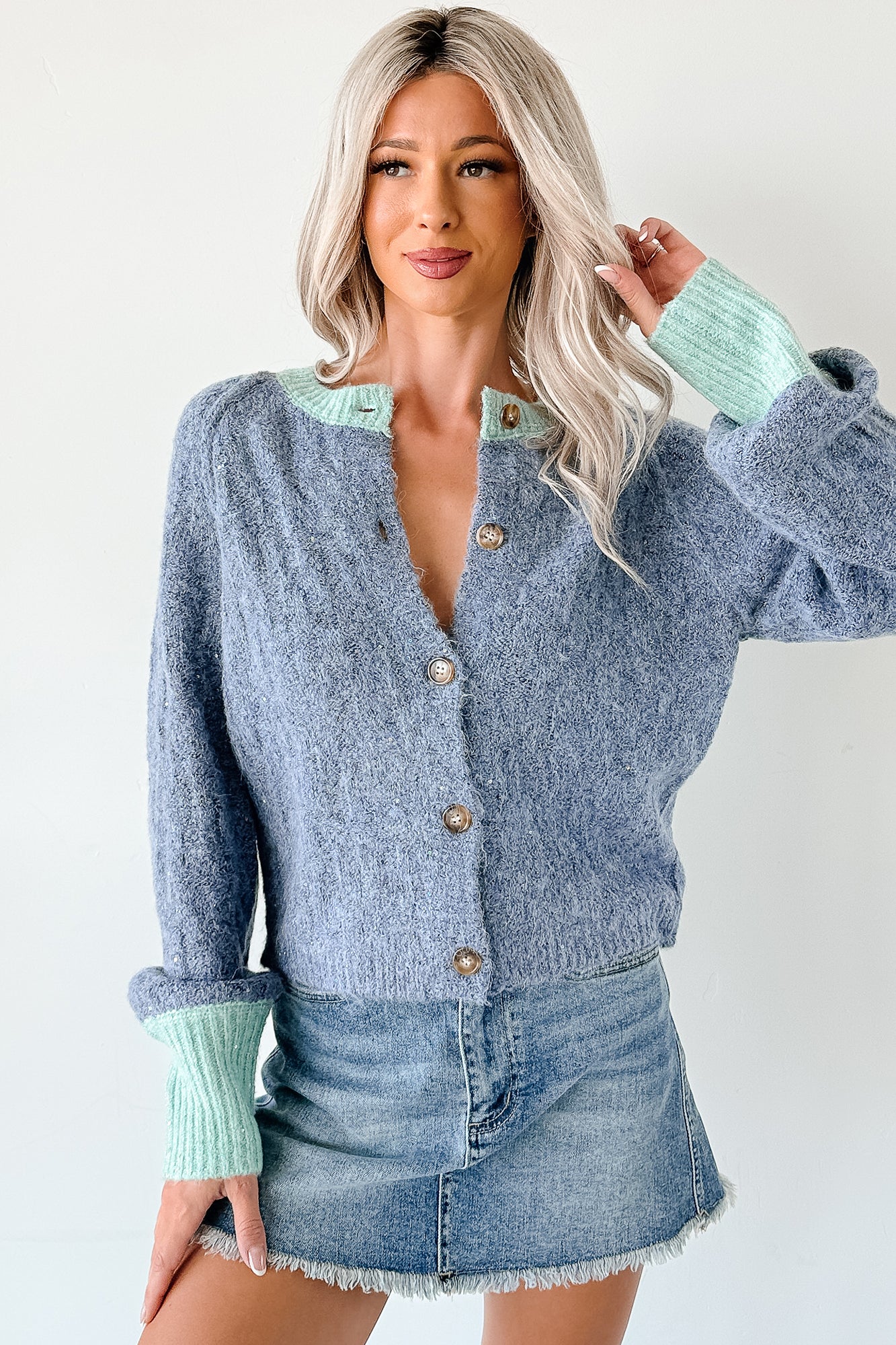 Daydream Zen Knit Contrast Glittery Cardigan (Blue)