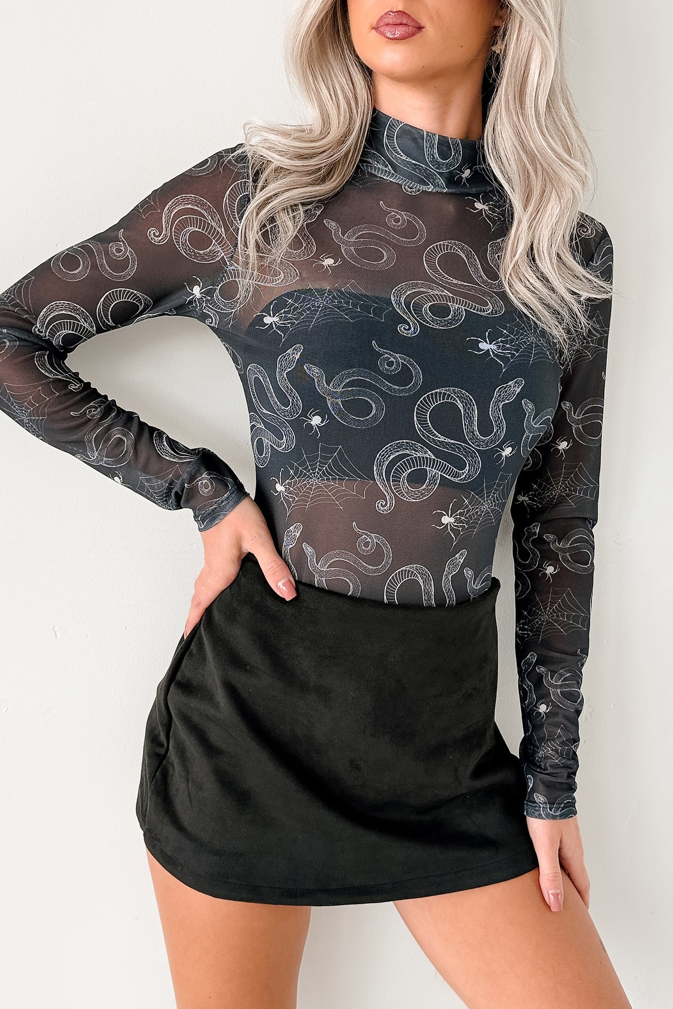 Felt Spooky NM Original Mesh Mock Neck Bodysuit (Black Snake)