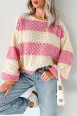 Warm Whispers Striped Crochet Knit POL Sweater (Pink)
