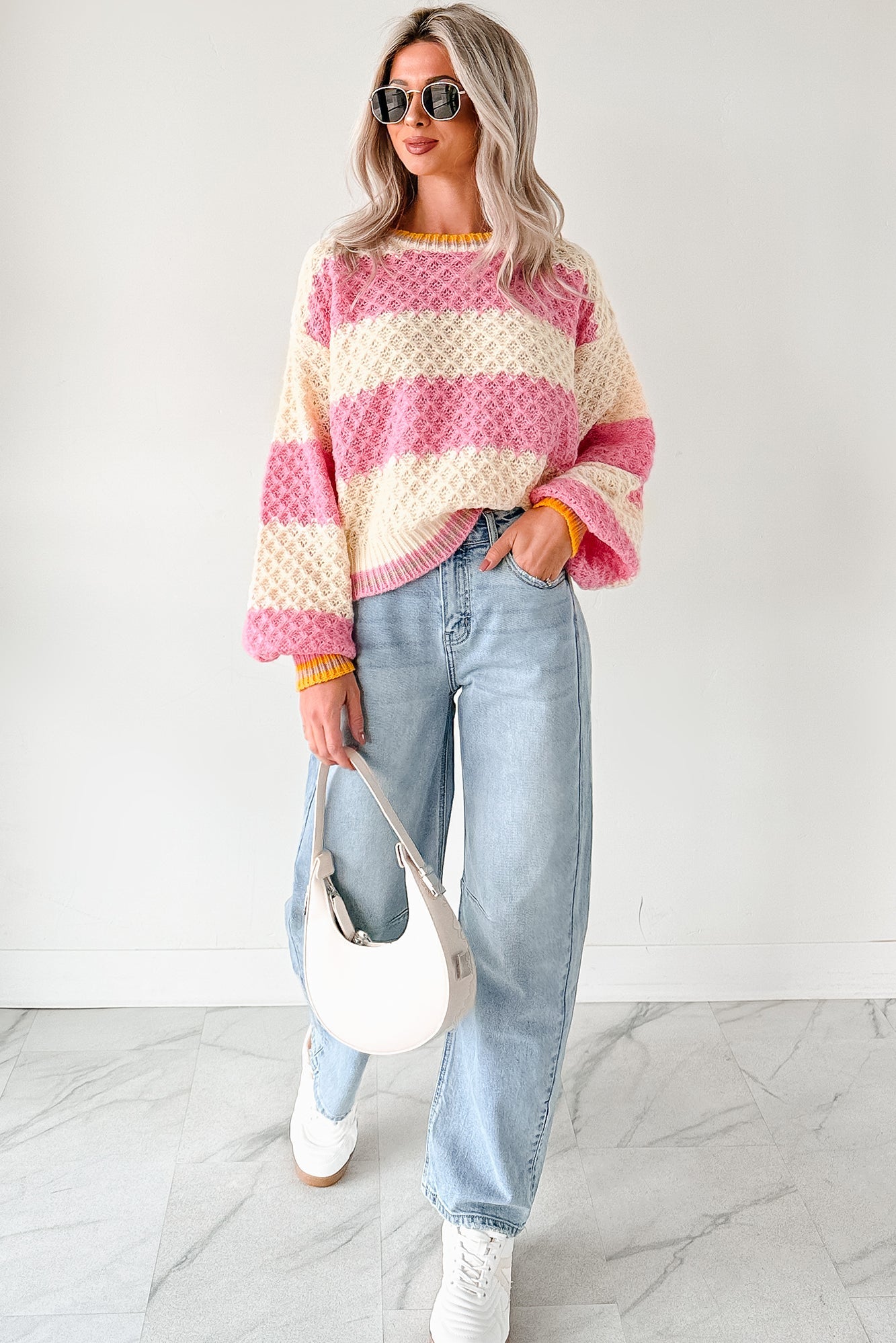 Warm Whispers Striped Crochet Knit POL Sweater (Pink)
