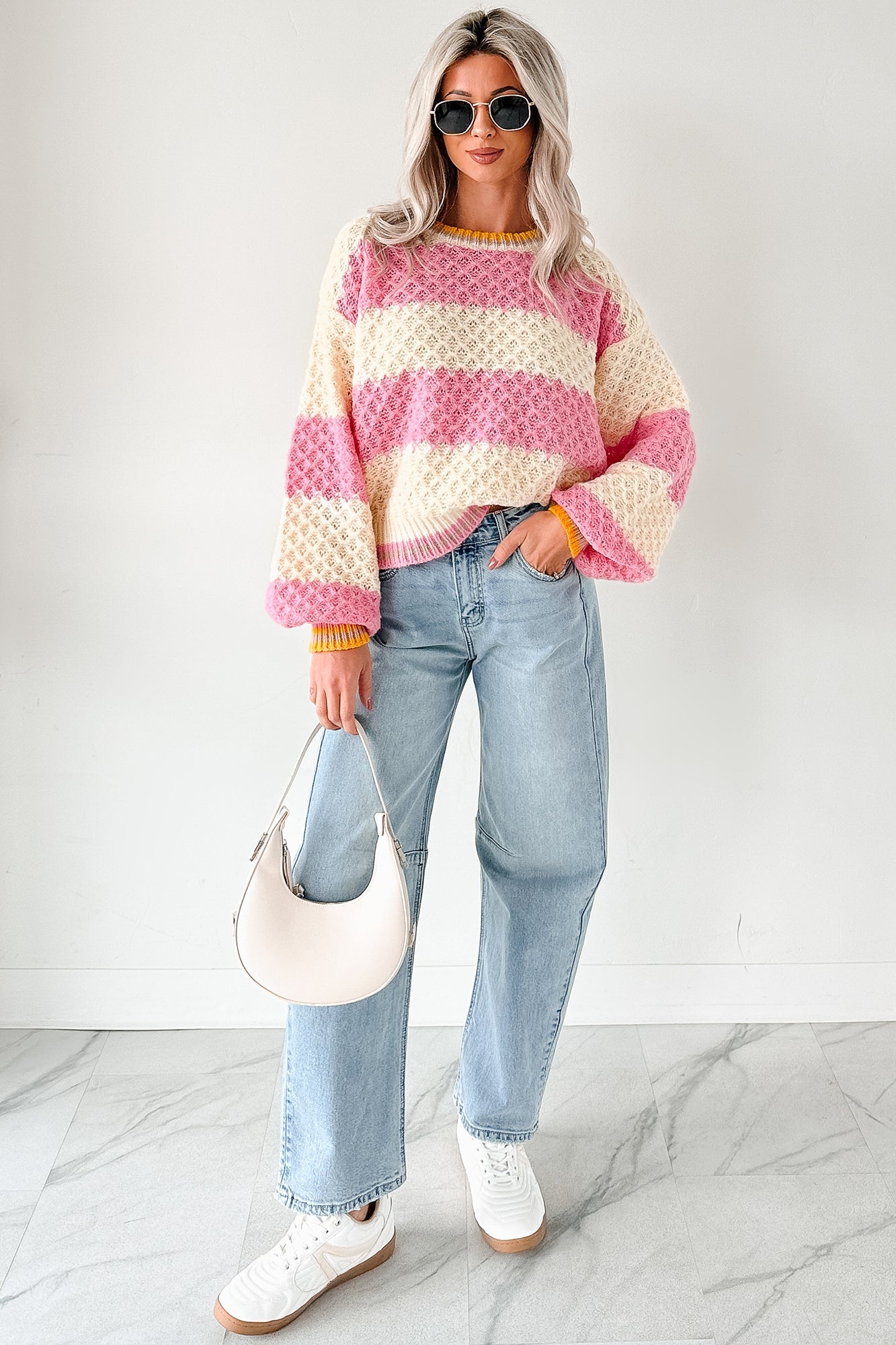 Warm Whispers Striped Crochet Knit POL Sweater (Pink)