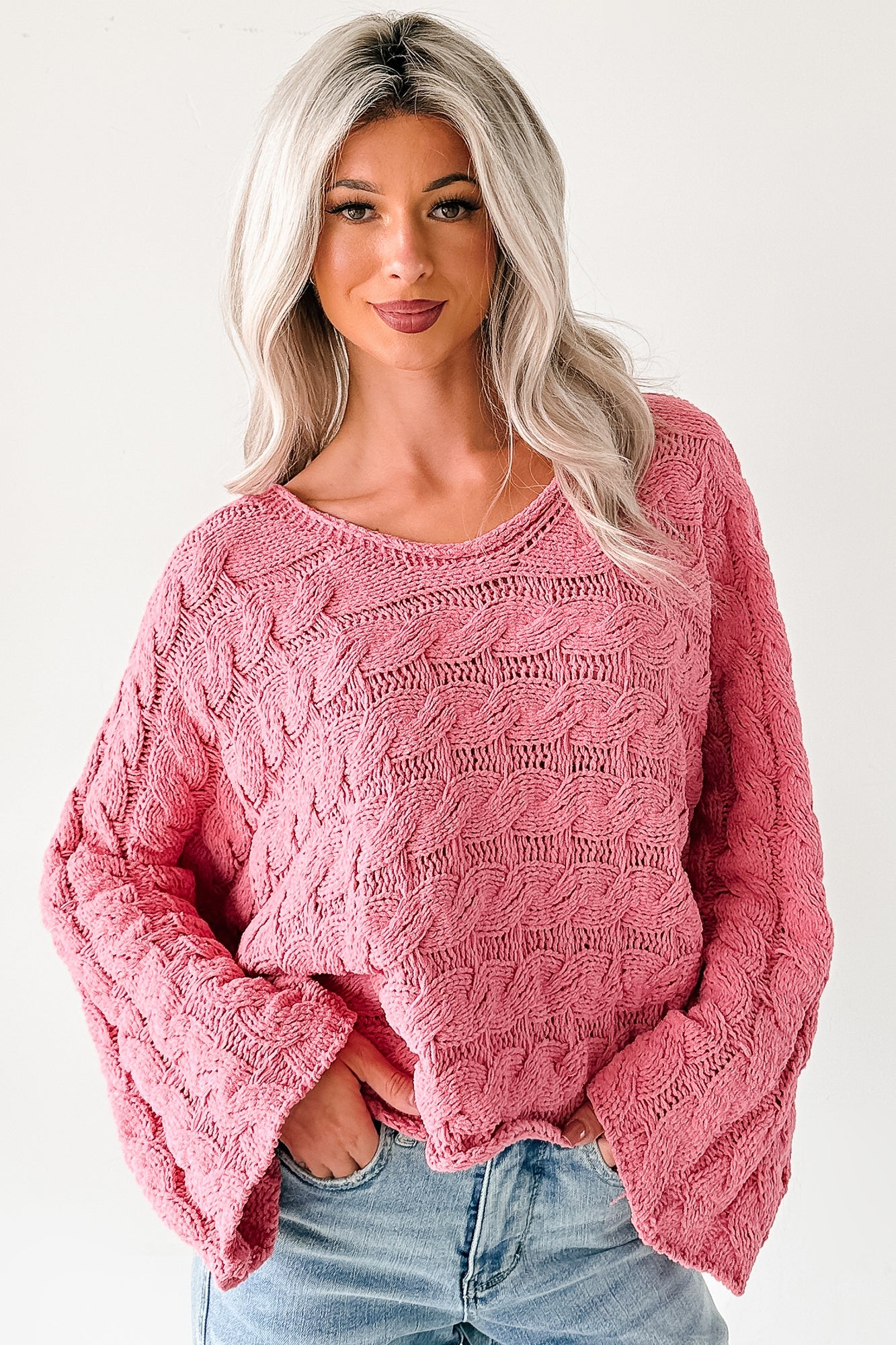 Making My Way Cable Knit POL Sweater (Pink)