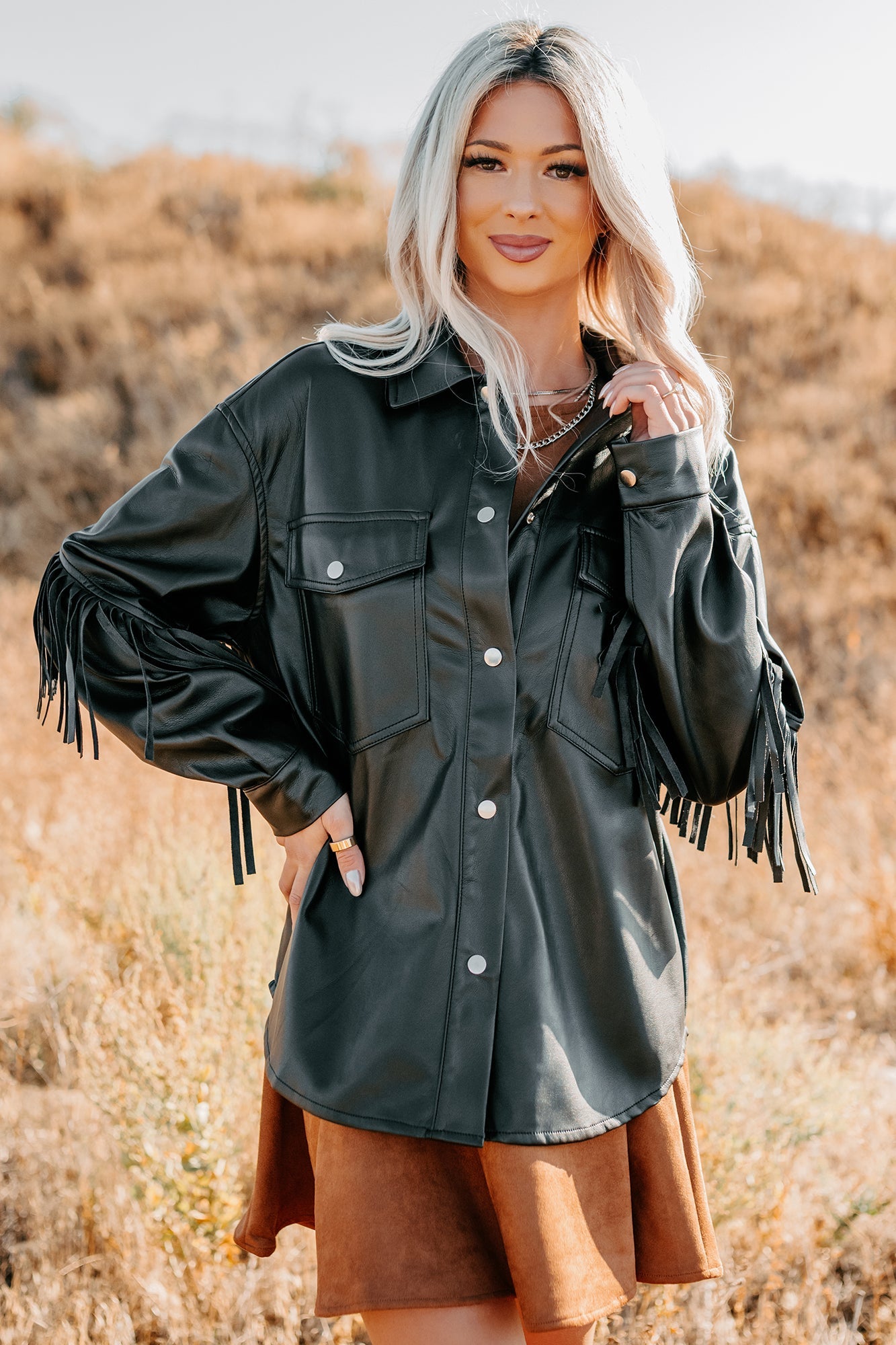 Creating Moments Faux Leather Fringe Jacket (Black)