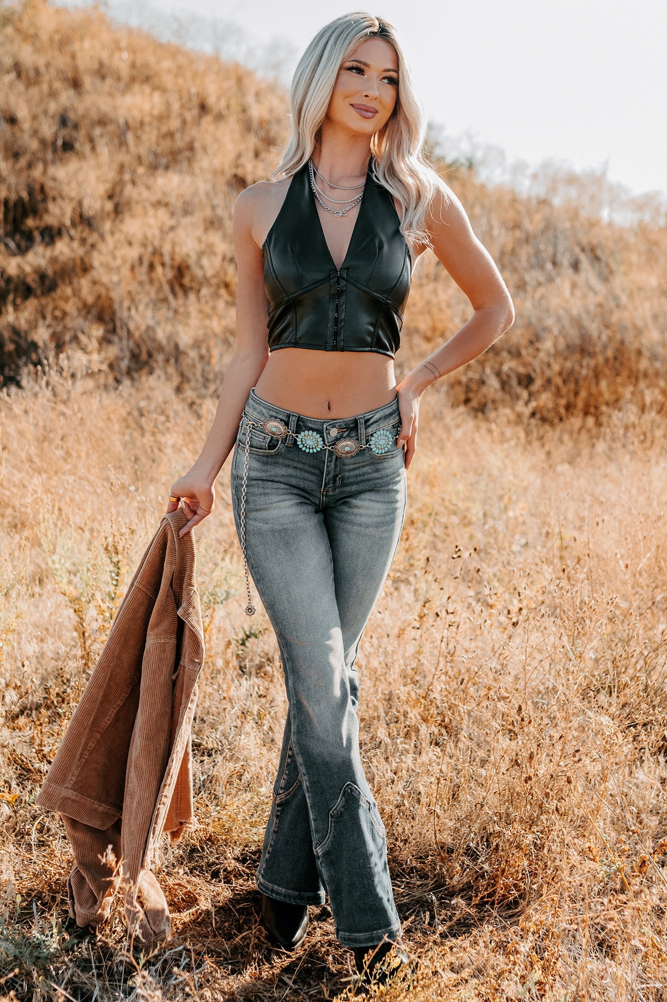 Urban Glow Faux Leather Halter Crop Top (Black)