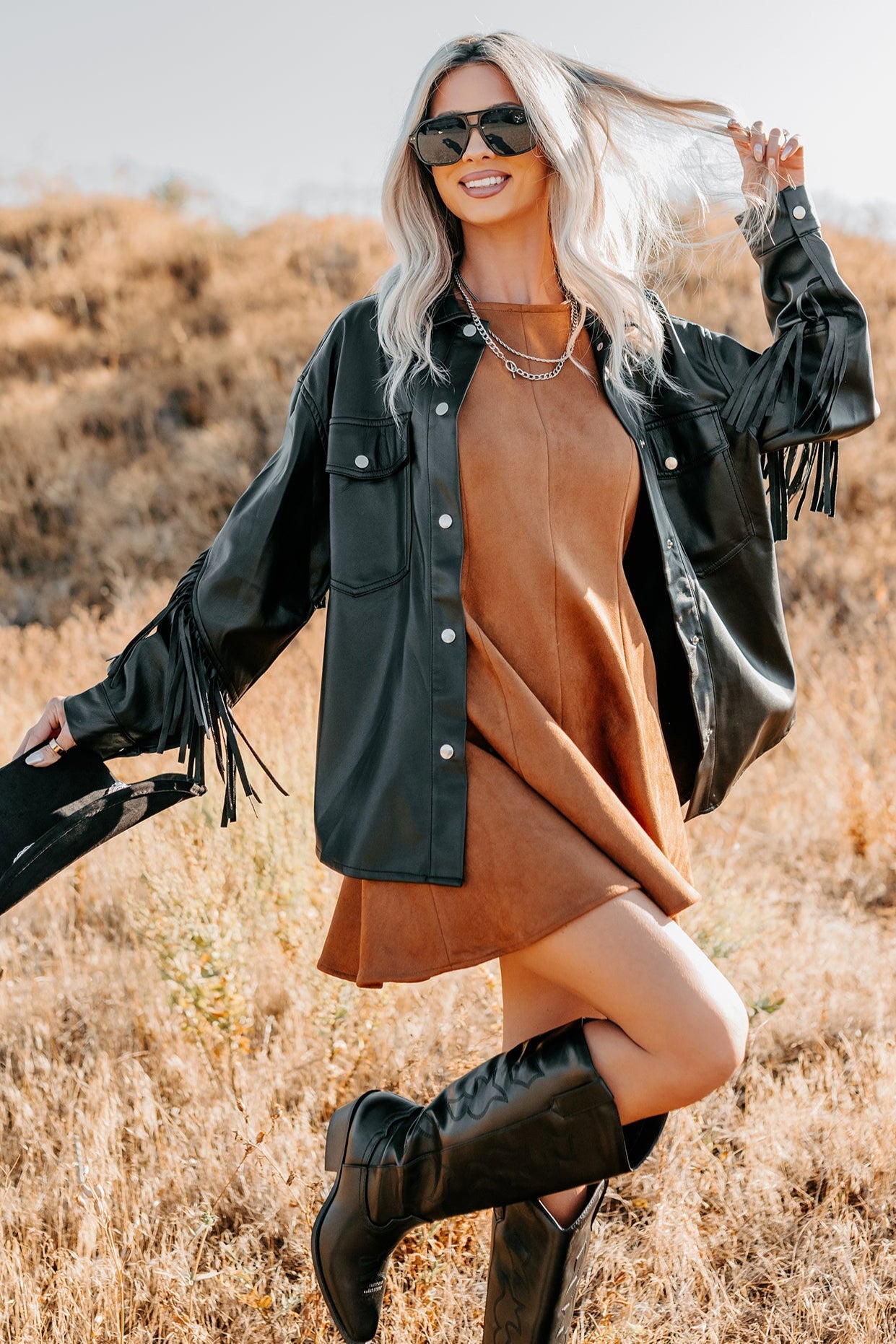 Creating Moments Faux Leather Fringe Jacket (Black)