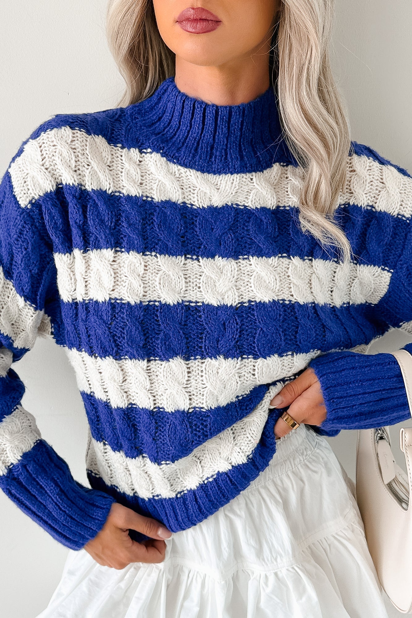 Restful Rhythm Cable Knit Striped Sweater (Royal)