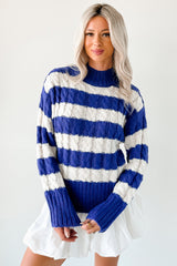 Restful Rhythm Cable Knit Striped Sweater (Royal)