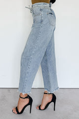 Solara High Rise Waist Tie Saige Denim Barrel Jeans (Light Wash)