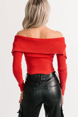 Sweet Spell Off The Shoulder Zip-Up Sweater (Red)
