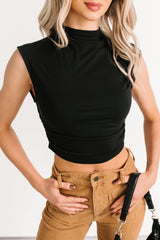 One More Kiss Cap Sleeve Mock Neck Crop Top (Black)