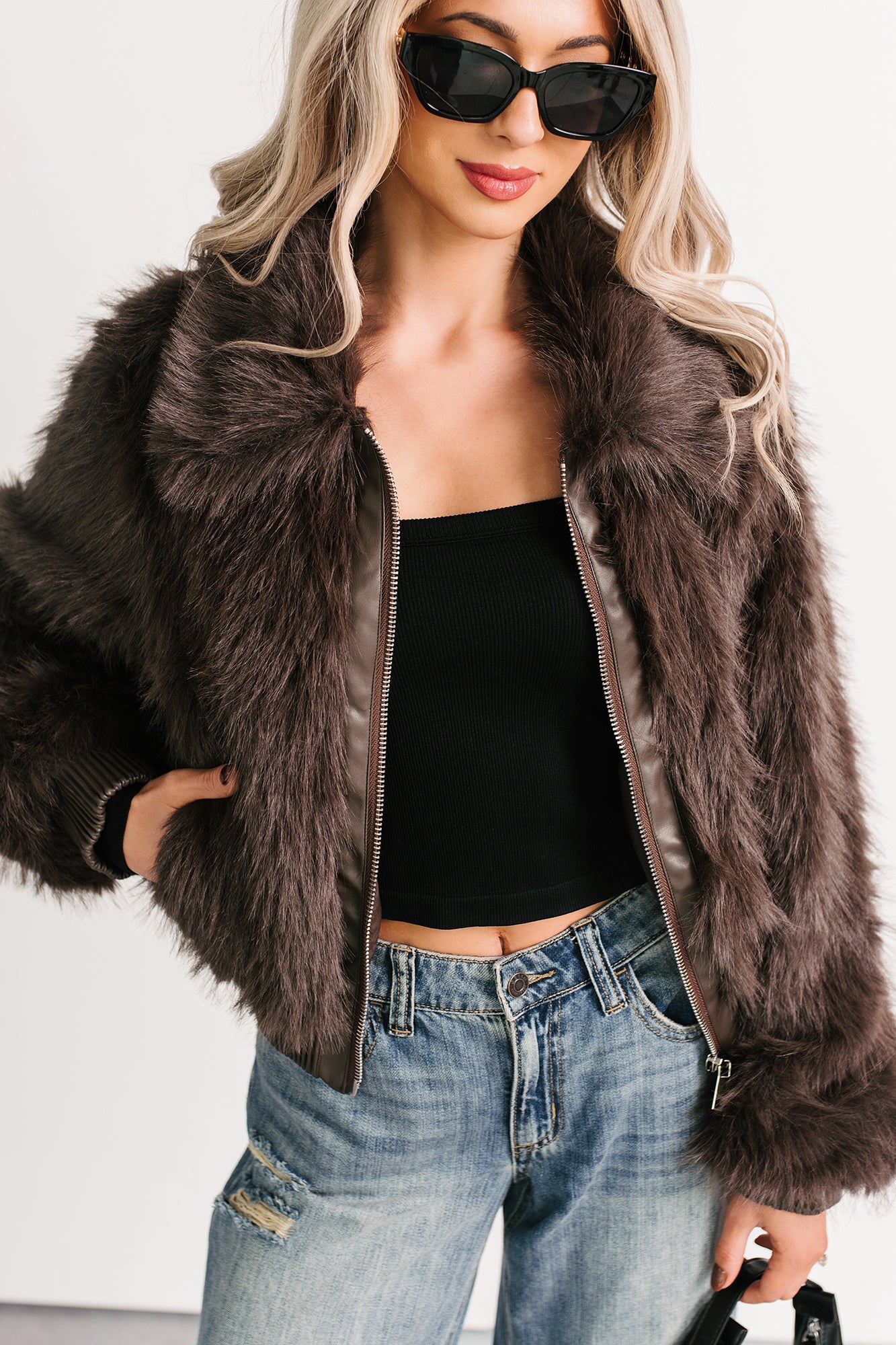 No Comparisons Faux Fur Plush Zip-Up Jacket (Brown)