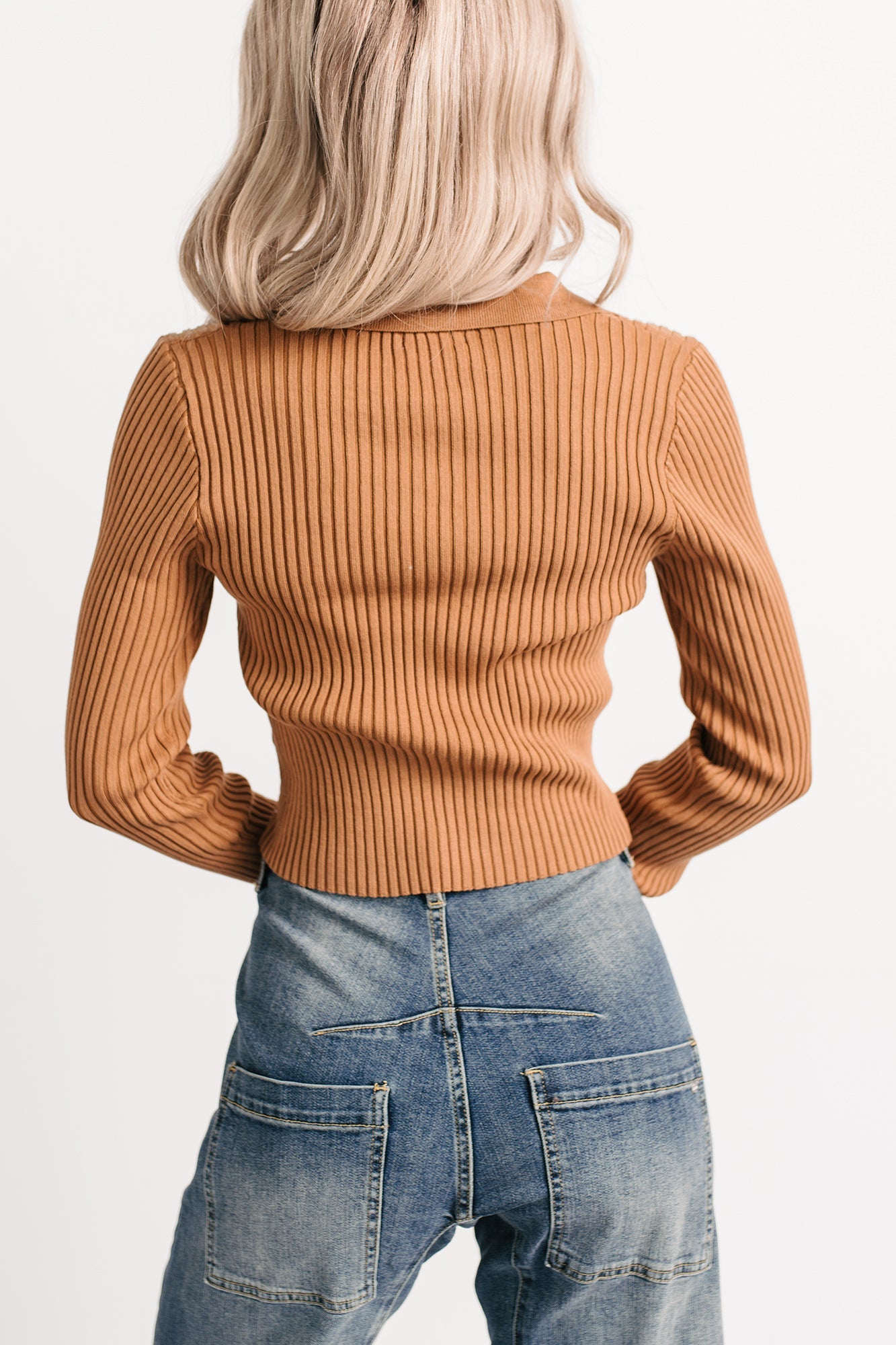 Half Serious Long Sleeve Ribbed Knit Polo Top (Camel)