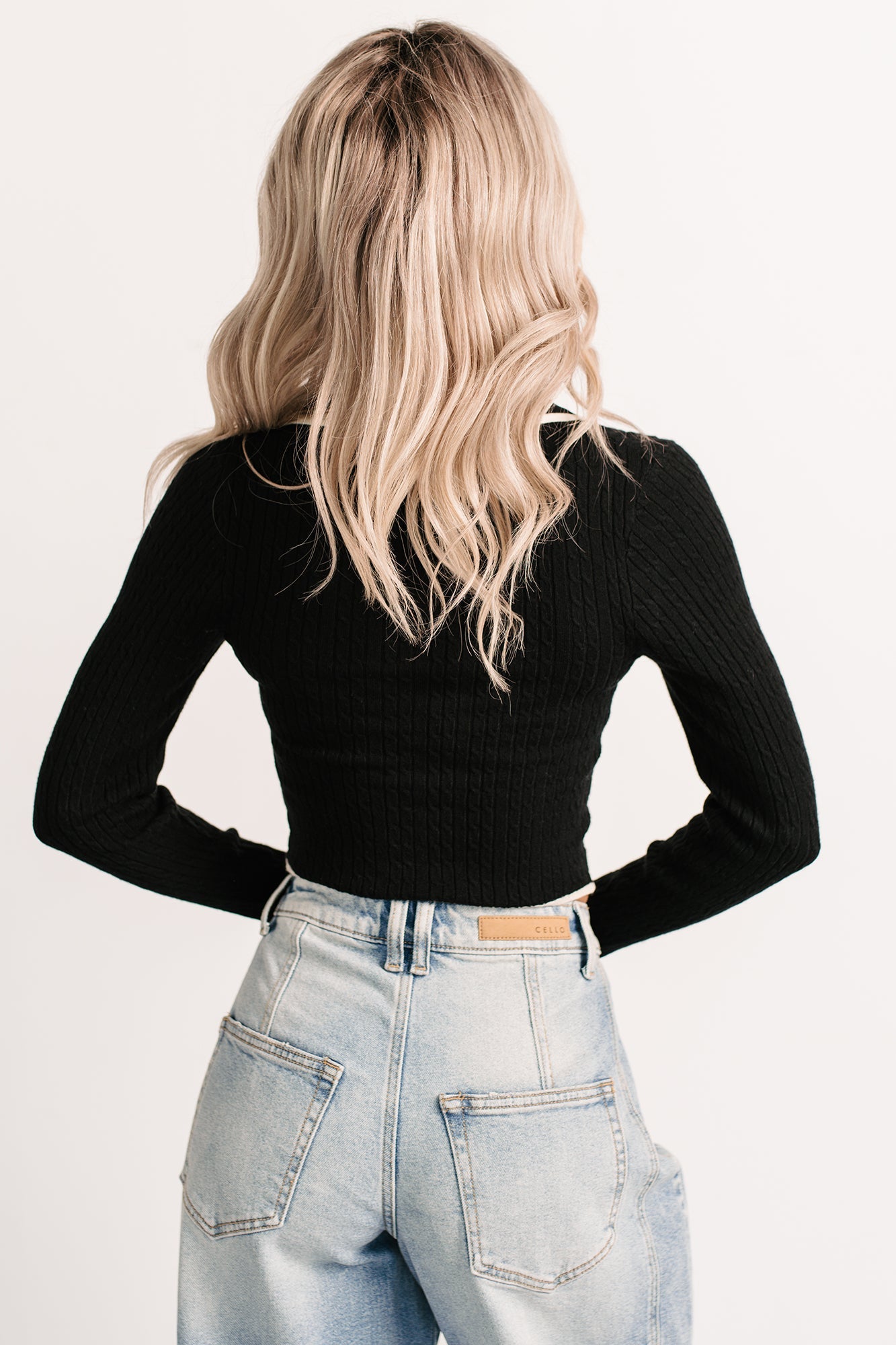 Wrapped Warm Contrast Trim Cable Knit Top (Black)