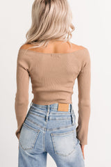 Cute As Ever Ribbed Long Sleeve Knit Crop Top (Camel)
