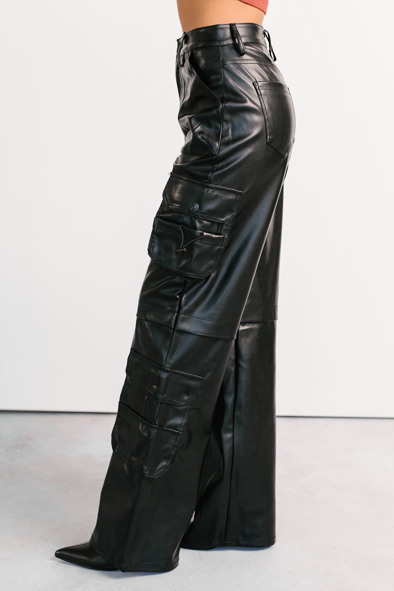 Burke Faux Leather Wide Leg Cargo Pants (Black)