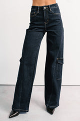 Crosby Wide Leg Mica Denim Cargo Jeans (Dark Wash)