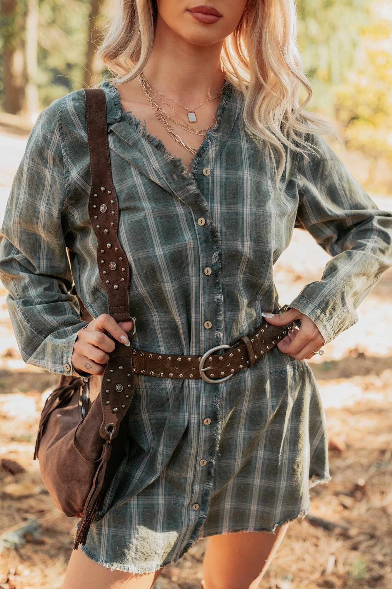 Let's Get Lost Plaid Shirt Mini Dress (Pine Green)