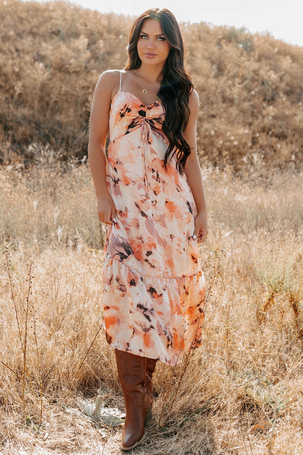 Slay Softly Sleeveless Floral Midi Dress (Peach/Multi)
