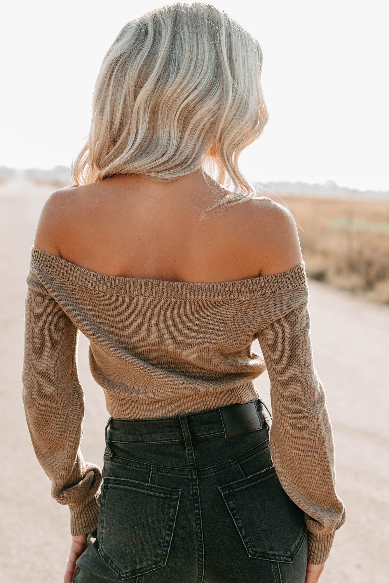 Stay Mine Off The Shoulder Buttoned Sweater Top (Dark Taupe)