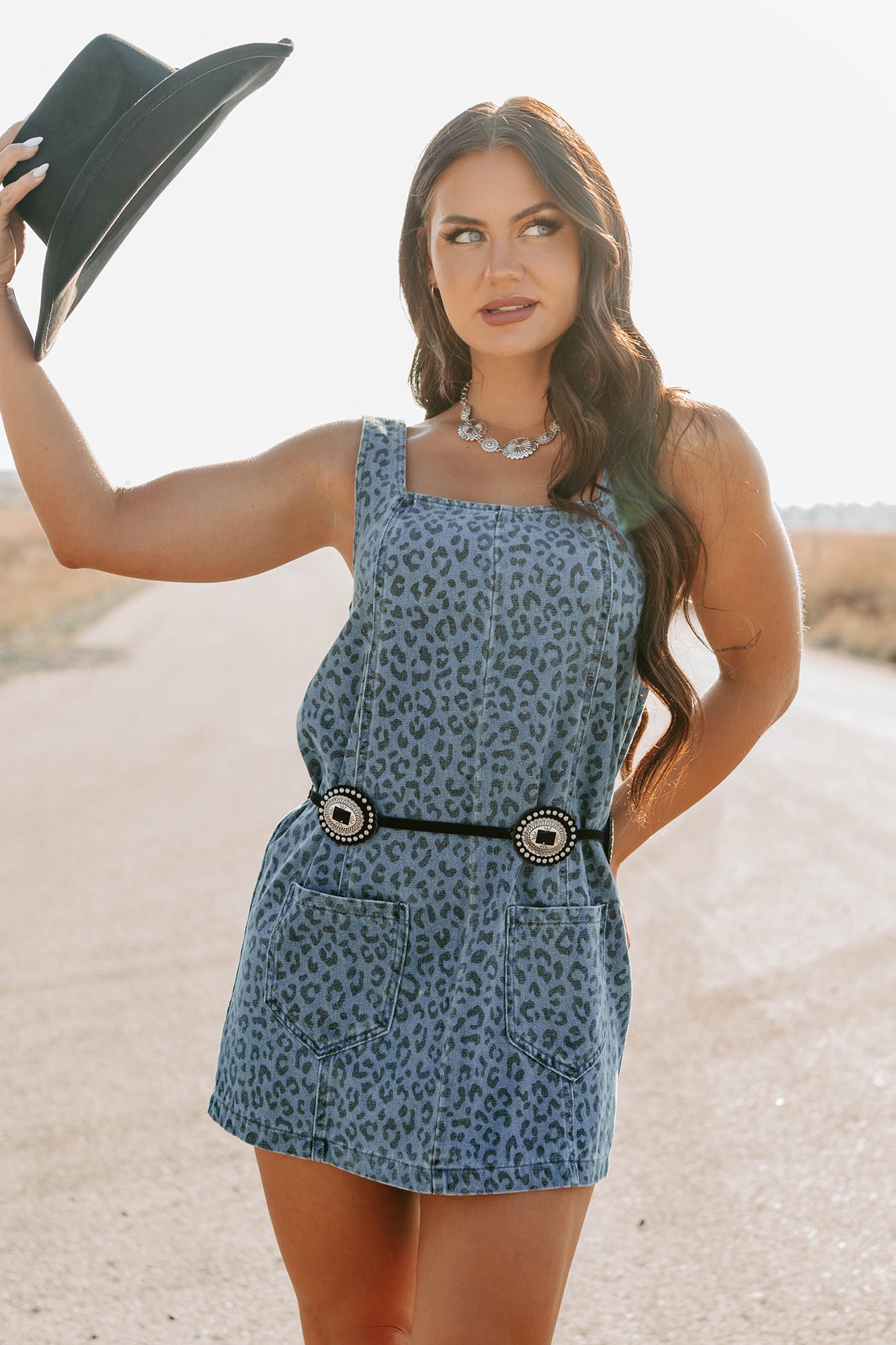 Kendrix Animal Print Denim Mini Dress (Denim Leopard)