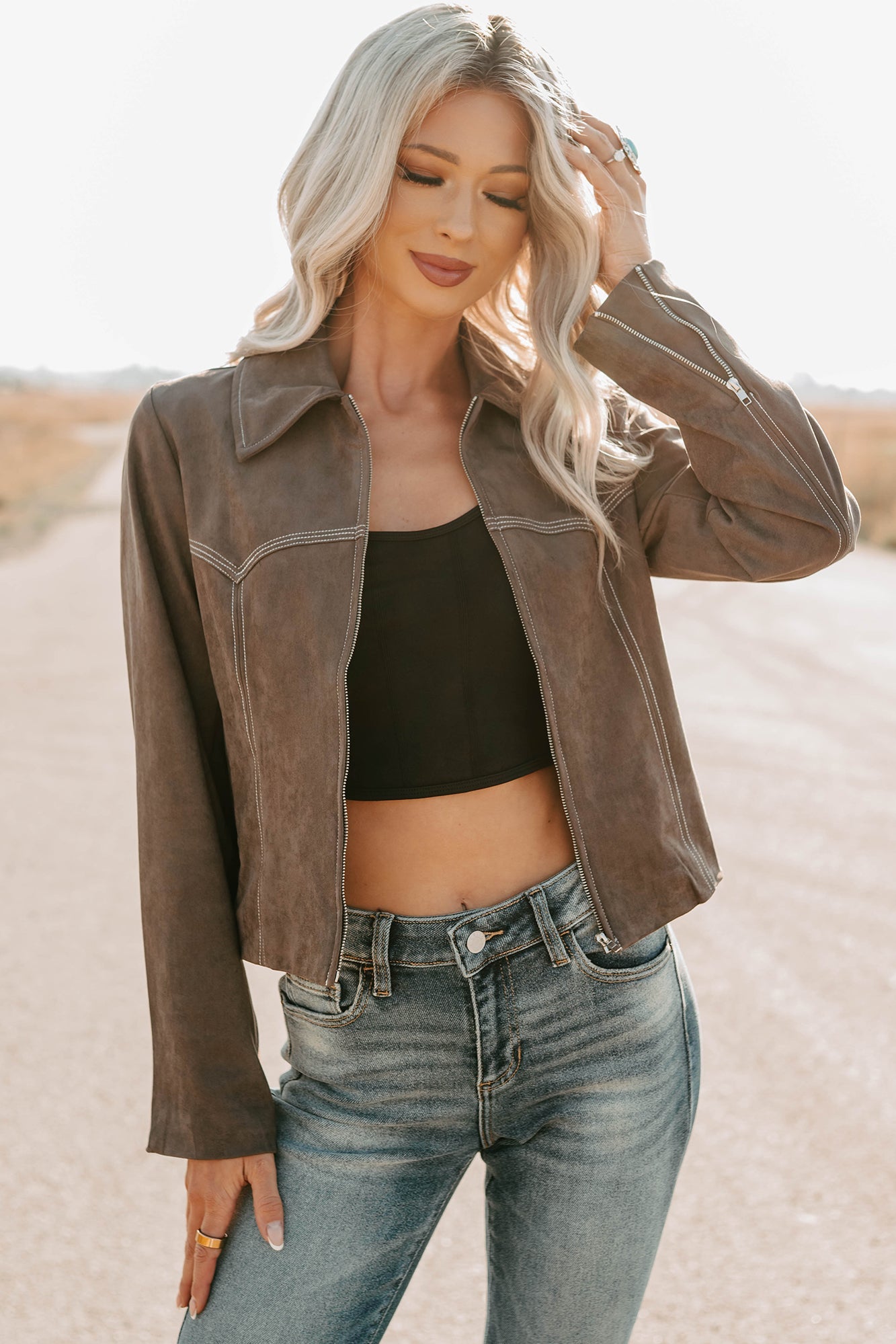 Exploring More Faux Suede Zip-Up Jacket (Charcoal)