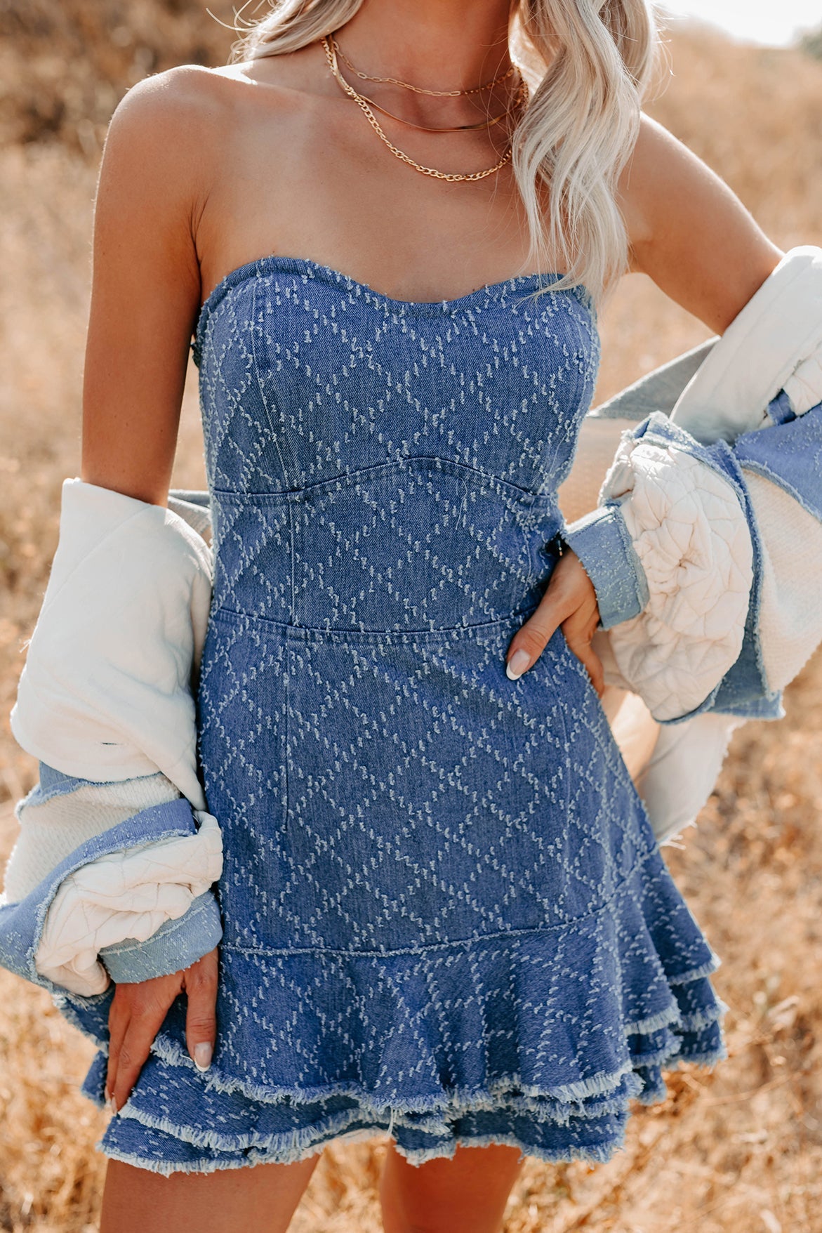 Keep Them Guessing Textured Denim Mini Dress (Washed Denim)