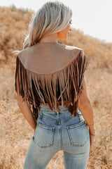 Midnight Range Faux Suede Collared Fringe Shawl (Tan)